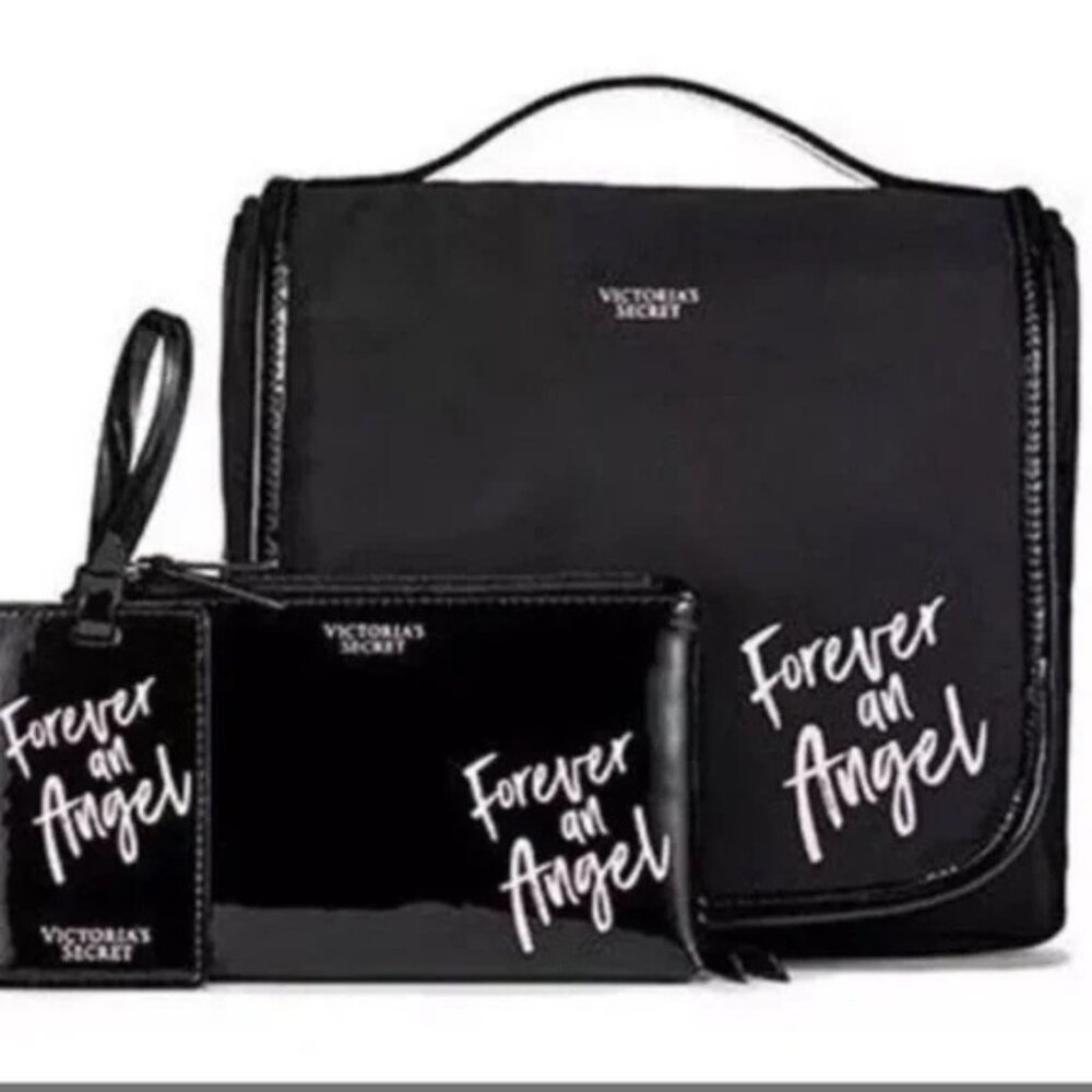 NWT Victoria's Secret Forever An Angel 3-PC Travel Toiletry/Makeup Bag, Black